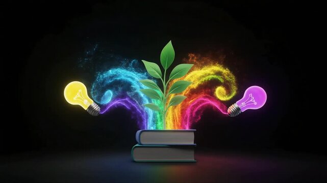 Green plant grows from stacked books as vibrant light bulbs emit colorful energy streams in this cinematic digital motion video