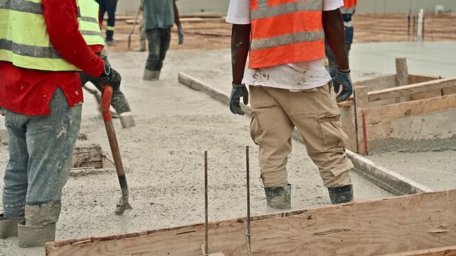 Builders in safety vests and boots working with fresh cement to lay a building foundation