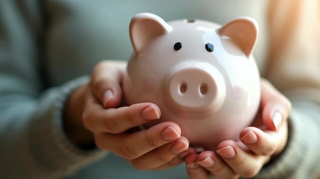A person gently holds a pink piggy bank, symbolizing saving, financial security, investment, and personal finance management. Ideal for articles on money saving tips, banking or economic advice.
