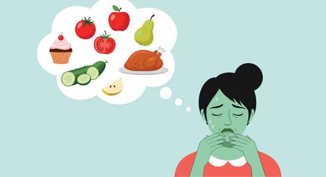 Sick woman with a green face feeling nauseous while thinking about a variety of foods in a thought bubble above her.