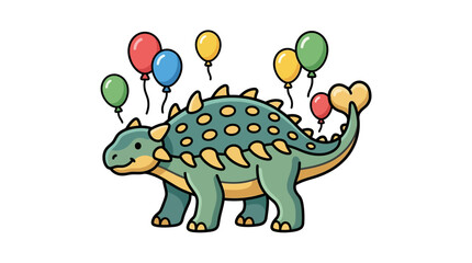 Obraz premium A cute cartoon dinosaur celebrates with many colorful floating balloons