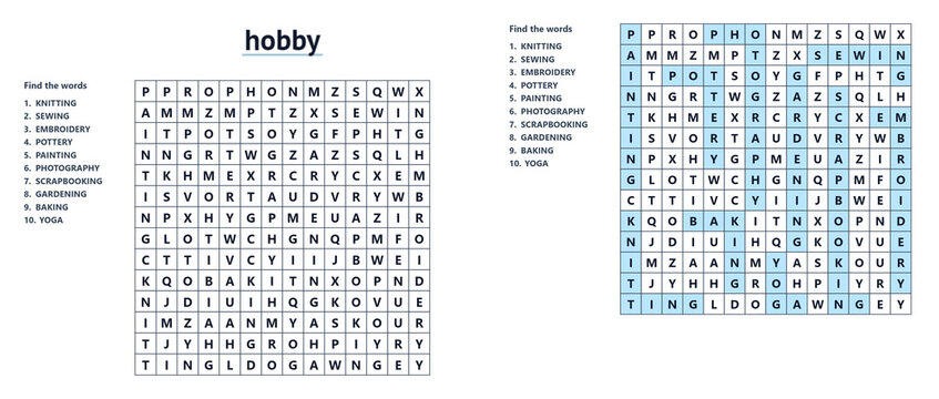 Hobbies-themed word search game for adults, with an answer key.