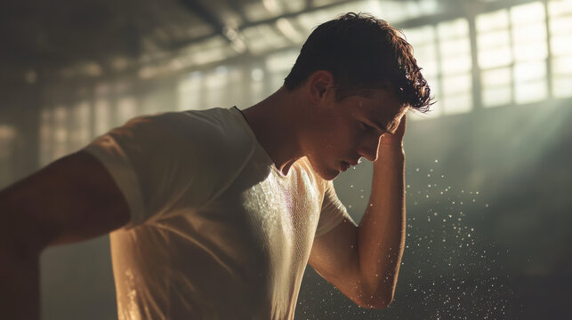 Young man wipes sweat from his forehead after completing a high intensity workout in a dim gym.