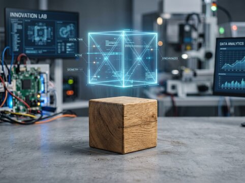 Digital twin technology visualized with a wooden cube and holographic projections in an innovation lab setting with various technical equipment and data analytics displays.