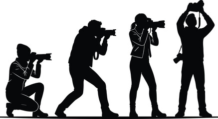 Vector silhouette illustration set of professional paparazzi and photographers holding cameras in diverse shooting poses isolated on white background. © MDRaju