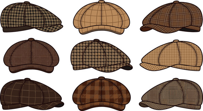 Vintage flat cap and newsboy hats collection featuring various brown plaid tweed and houndstooth patterns vector illustration isolated on white background.