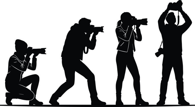 Vector silhouette illustration set of professional paparazzi and photographers holding cameras in diverse shooting poses isolated on white background.