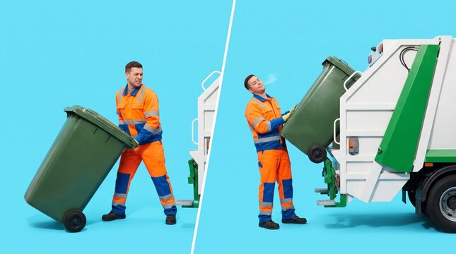 Worker tipping bin into garbage truck on blue background  