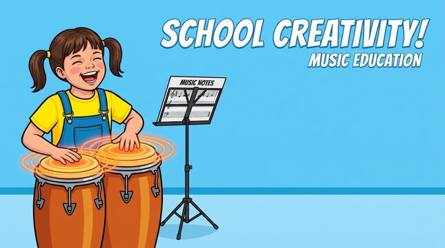 Girl with conga drums in music class smiling in bright classroom  
