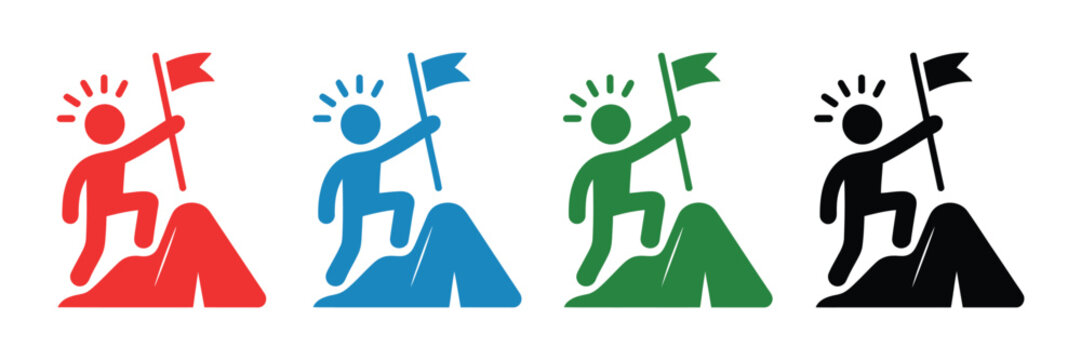 Businessman Success Achievement Icon Featuring Person with Flag on Mountain Peak, Leadership Goal, Motivation and Career Growth Concept