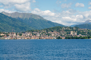 Fototapeta premium Lugano city skyline and Lugano lake view from Campione d'Italia