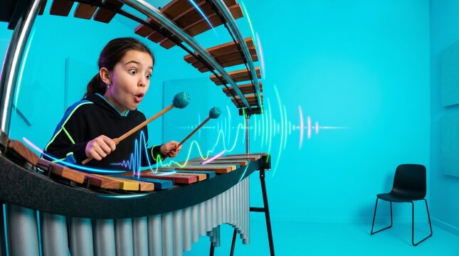 Young girl playing marimba and smiling in a bright blue room  