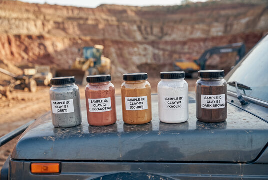 Horizontal composition. Row of five transparent sample containers (hard plastic, screw caps) containing distinct clay types: grey clay, terracotta clay, ochre clay, white kaolin clay, and dark brown c
