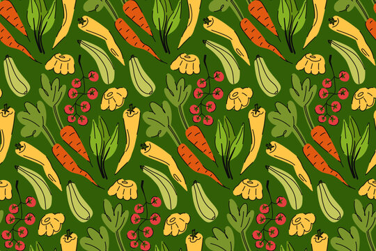 Rich vegetable pattern for local market on dense green background, pepper, zucchini, carrot, squash, greens, tomato, farm to table, farm products for sale