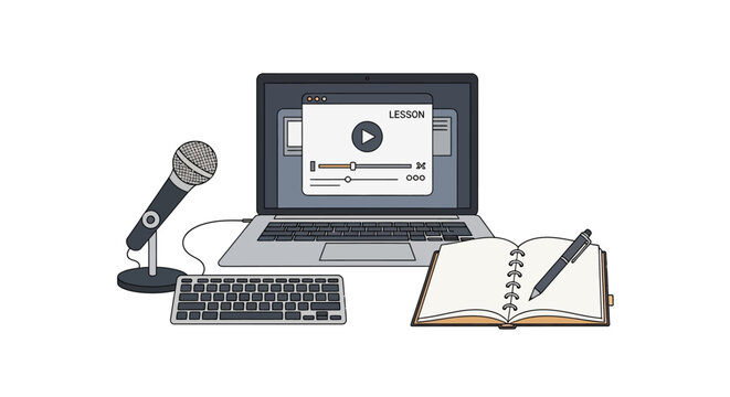 Laptop computer with microphone and notebook.