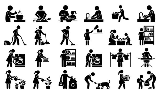 Household chores silhouette vector collection with cooking cleaning organizing and home maintenance tasks isolated on white background