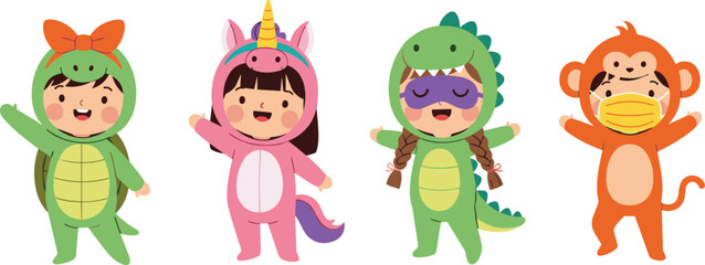 Vector illustration of cute cartoon children wearing animal costumes including turtle unicorn dinosaur and monkey isolated on white background. © Ryad