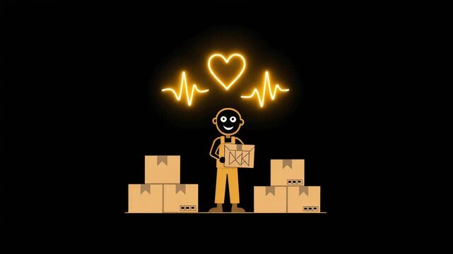 Animated delivery worker stacks cardboard boxes with a glowing neon heart floating above in this creative motion graphic video