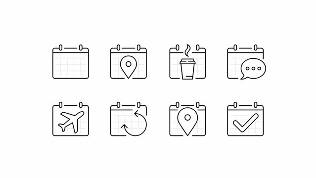 Set of eight minimalist calendar icons with different activities and symbols . Vector illustration.