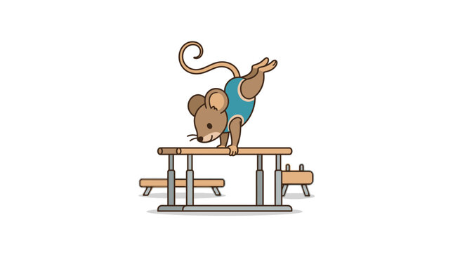 A cute cartoon mouse performs gymnastics on parallel bars