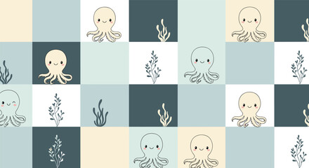 Fototapeta premium Simple and modern pattern with cute octopuses and stylized underwater seaweed arranged on a multi-colored checkered grid background.
