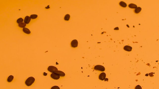 Fresh Coffee Beans Falling on Colored Paper Background &mdash; Slow Motion Studio Video