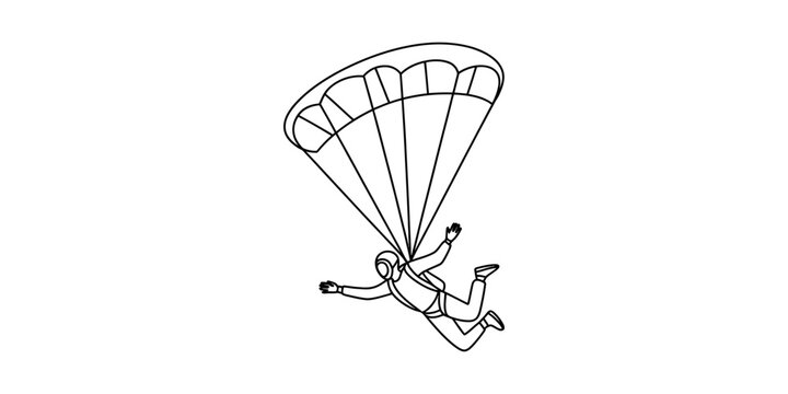 Skydiver with an open parachute flying in the air as a simple line art drawing Vector, illustration
