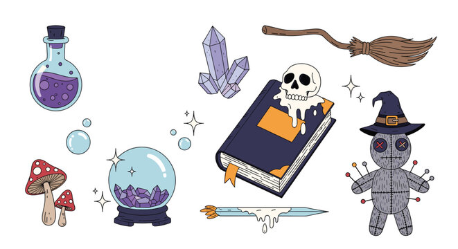 Collection of mystical items including a potion bottle, crystal ball, magic book, voodoo doll, broomstick, and crystals for fantasy themes.