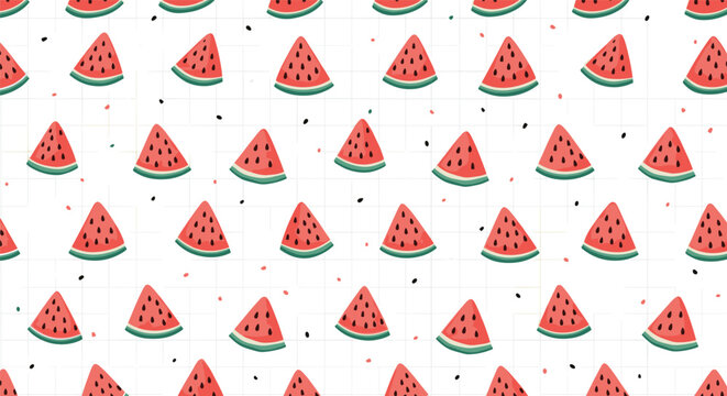vibrant pattern of watermelon slices and small black and pink dots over a faint grey grid background for a refreshing summer aesthetic.
