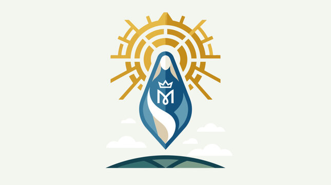 A modern flat design vector icon offering a symbolic representation of the Assumption of Mary, featuring a radiant halo above a stylized Marian symbol ascending from a subtle base. 