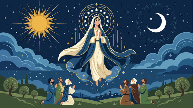 A highly symbolic flat design vector illustration representing the Assumption of Mary, showing the spiritual unity of her soul and body as intertwined forms ascend towards heavenly light. 