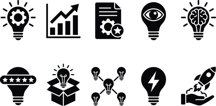 Idea and innovation concept icons featuring lightbulb designs brain thinking charts and project development.