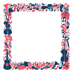 Obraz premium This design features a border made of musical note and instrument icons in coral and navy colors.