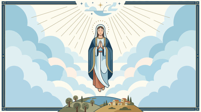 A serene flat design illustration depicting the Virgin Mary gracefully ascending to heaven, surrounded by minimalist clouds and divine light. 