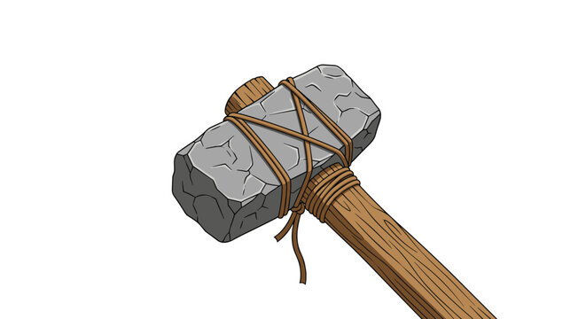Ancient primitive tool consisting of a heavy grey stone head tied with rope to a sturdy wooden handle on a white background.
