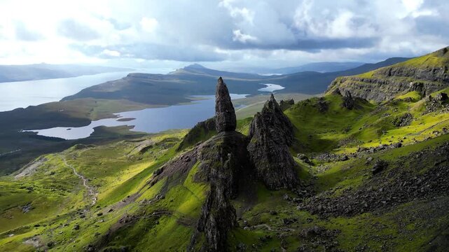 Cinematic aerial view of the iconic Old Man of Storr rock formation, Isle of Skye, Scotland