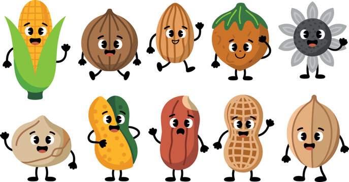 Cute Kawaii Cartoon Nuts and Seeds Characters Set with Happy Faces Including Corn Walnut Almond Peanut Pistachio and Sunflower Seed Vector Illustration