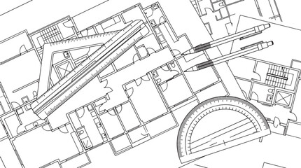 Fototapeta premium Architectural floor plan drawing with drafting tools including a triangle ruler, protractor, and mechanical pencils for design
