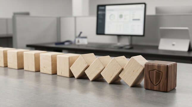 Wooden blocks falling in a domino effect with one block having a shield logo on it in an office setting with computers