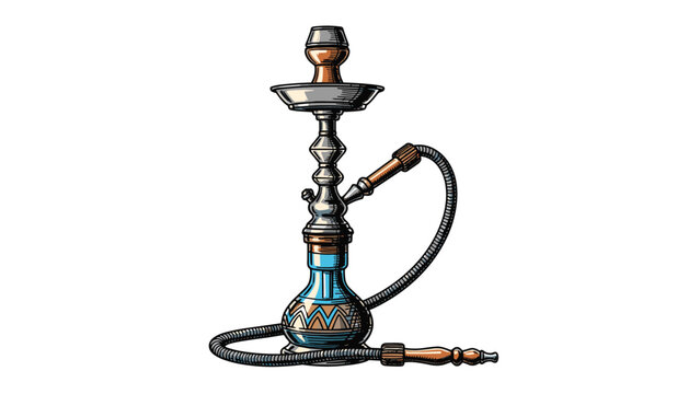 Detailed illustration of a traditional shisha hookah with a blue glass base and ornate metal stem isolated on a white background.