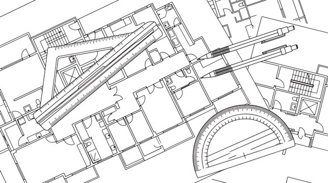 Architectural floor plan drawing with drafting tools including a triangle ruler, protractor, and mechanical pencils for design