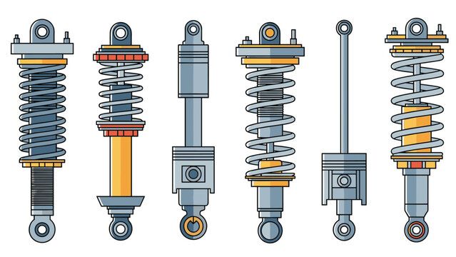 Collection of different types of vehicle shock absorbers and suspension components shown in a flat colorful vector illustration set.