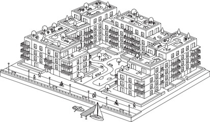 Obraz premium Isometric architectural drawing of a modern residential apartment complex with a central courtyard and waterfront boat dock