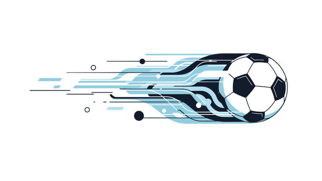 Futuristic high speed soccer ball with blue tech lines and digital elements depicting a modern data driven approach to sports.