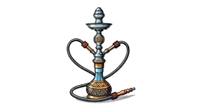 Ornate traditional water pipe known as a hookah or shisha features detailed blue patterns and elegant metallic accents on a white background.