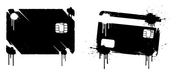 Obraz premium Credit card icons with chip and magnetic stripe, black ink splatters and paint drips grunge finance vector