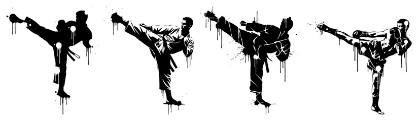 Martial arts karate silhouettes kicking with black ink splatters and drips, taekwondo fighters action grunge vector © Luka