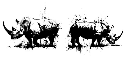 Rhinoceros silhouettes with black ink splatters and paint drips, African rhino wild animal grunge vector illustration © Luka