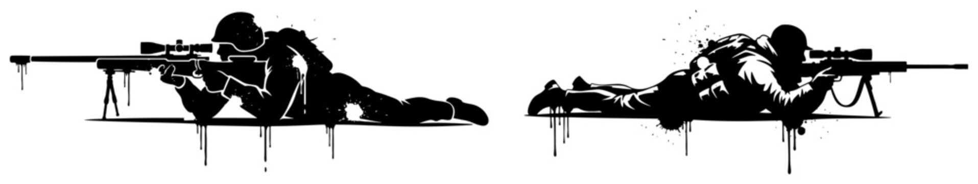 Military snipers with rifles aiming in prone position, soldier silhouette with black ink splatters grunge vector
