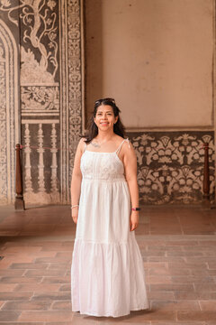 Portrait of a Woman in White Dress Inside Malinalco Convent Corridor